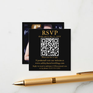Modernes QR Foto Black Gold Square Wedding RSVP Begleitkarte