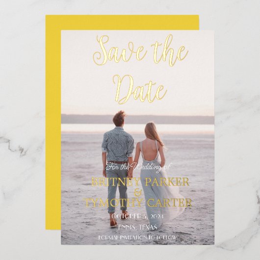 Modernes QR-Foto Skript Gelbe Hochzeit Folieneinladung (Vorderseite/Rückseite)