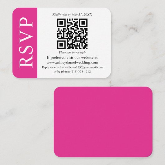 Modernes QR Hochzeit RSVP Hot Rosa und Weiß Begleitkarte (Vorne/Hinten)