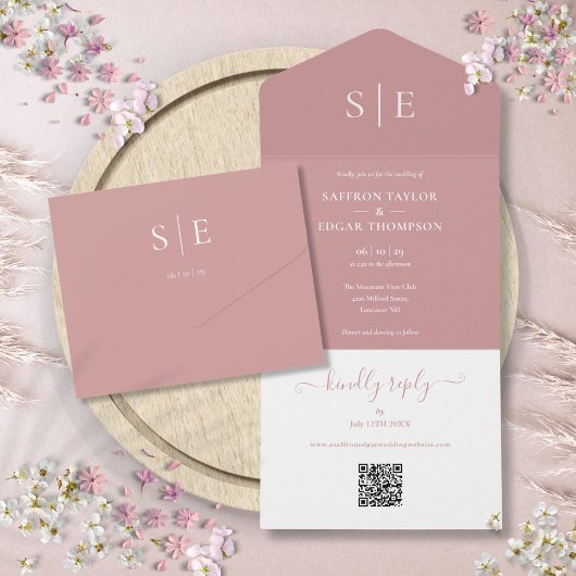 Modernes QR-Monogramm-Dusty-Rose All In One Einladung