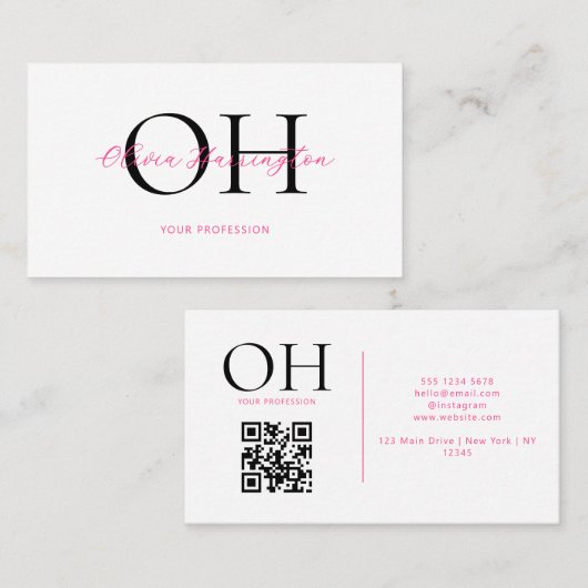 Modernes QR-Monogramm mit weißem und rosa Script Visitenkarte (Vorne/Hinten)