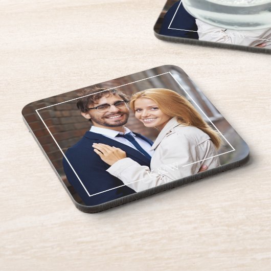 Modernes Quadrat Rahmen Mit Monogramm Foto Getränkeuntersetzer (Linke Seite)