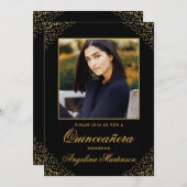 Modernes Quinceanera Foto Gold Glitzer Black Einladung (Vorne/Hinten)
