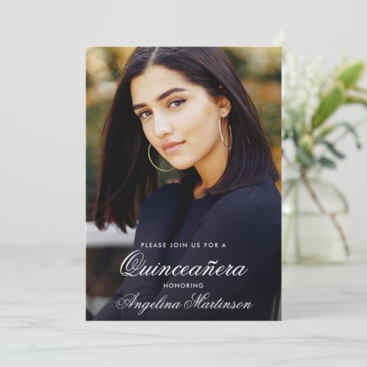 Modernes Quinceanera Foto Gold und Schwarz Einladung (Stehend Vorderseite)