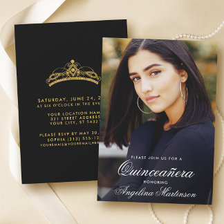Modernes Quinceanera Foto Gold und Schwarz Einladung