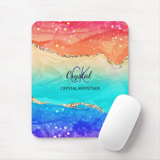 Modernes Rainbow-Agate-Glitzer Monogram Mousepad (Mit Mouse)