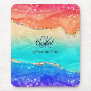 Modernes Rainbow-Agate-Glitzer Monogram Mousepad