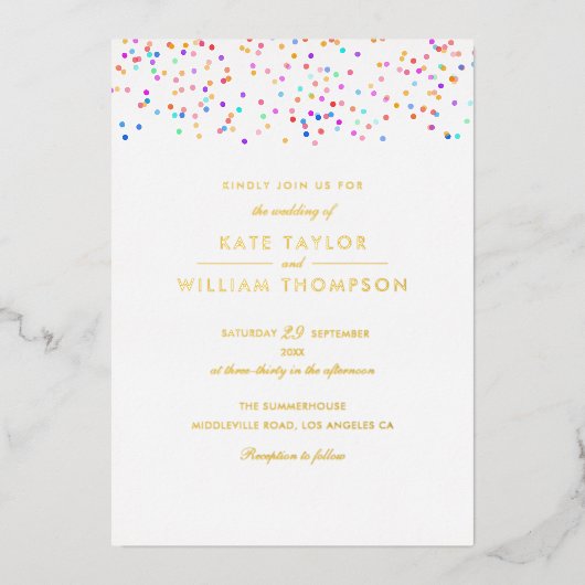 Modernes Rainbow Confetti Foto Wedding Gold Folieneinladung (Vorderseite)