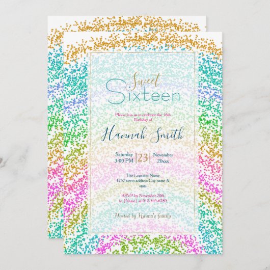 Modernes Rainbow Glitzer Dots Design Einladung (Vorne/Hinten)