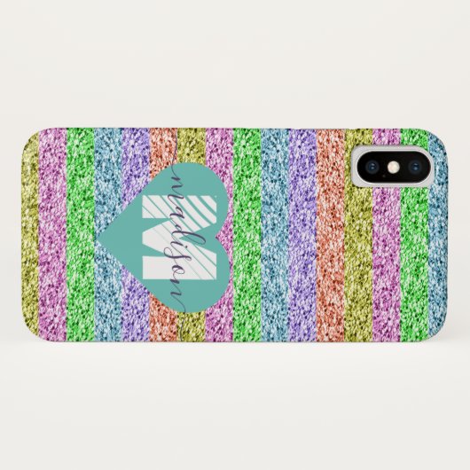 Modernes Rainbow Glitzer Script Name Monogram Case-Mate iPhone Hülle (Rückseite (Horizontal))
