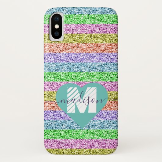Modernes Rainbow Glitzer Script Name Monogram Case-Mate iPhone Hülle (Rückseite)
