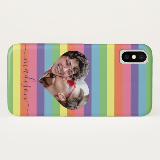 Modernes Rainbow-Herz-Foto-Script-Name Monogram Case-Mate iPhone Hülle (Rückseite (Horizontal))