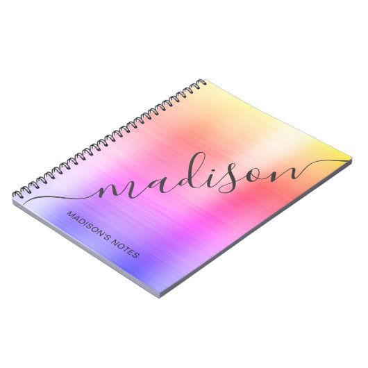 Modernes Rainbow Ombre Metal Monogram Script Notizblock (Linke Seite)