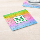 Modernes Rainbow-Raindrops Monogramm Rechteckiger Pappuntersetzer (angewinkelt)
