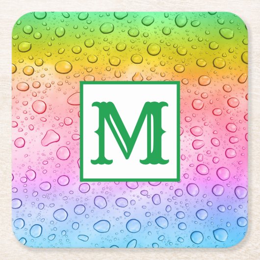 Modernes Rainbow-Raindrops Monogramm Rechteckiger Pappuntersetzer (Vorderseite)