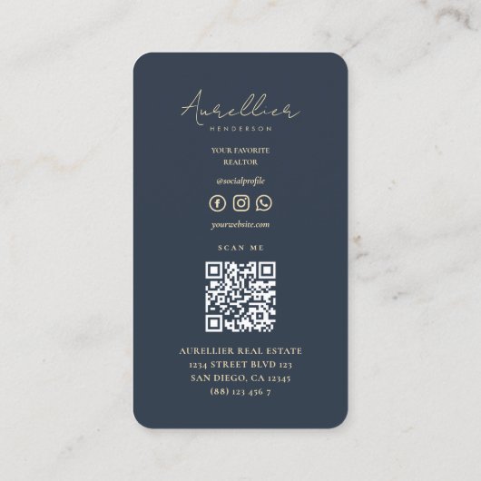 Modernes Realtor Dark Blue Real Anwesen Monogram Visitenkarte (Rückseite)