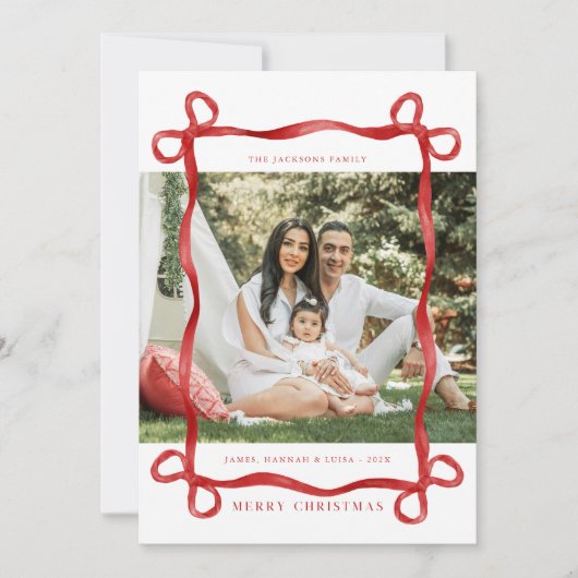 Modernes Red Bow Frohe Weihnachts-Foto Einladung (Vorderseite)