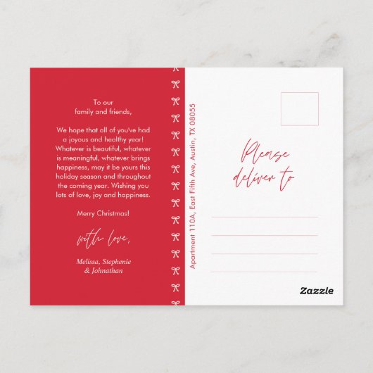 Modernes Red Bow Pattern Familienjubiläum Weihnach Postkarte (Rückseite)