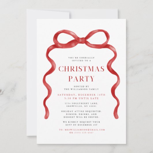 Modernes Red Bow Weihnachts-Party Einladung (Vorderseite)
