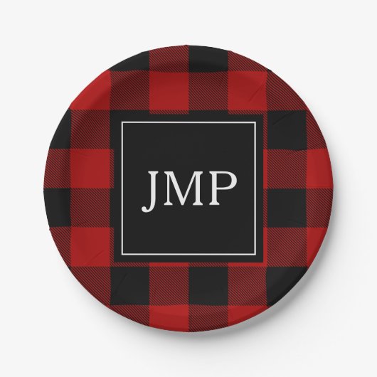 Modernes Red Buffalo Kariert | Persönliche Initial Pappteller (Vorderseite)