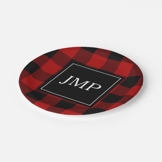 Modernes Red Buffalo Kariert | Persönliche Initial Pappteller (Schrägansicht)