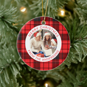 Modernes Red Buffalo Karierte Weihnachtsfamilie 2 Keramik Ornament