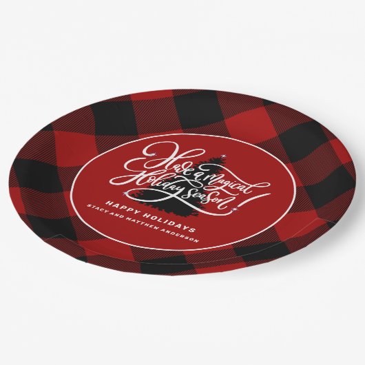 Modernes Red Buffalo Kariertes Bauernhaus Weihnach Pappteller (Schrägansicht)