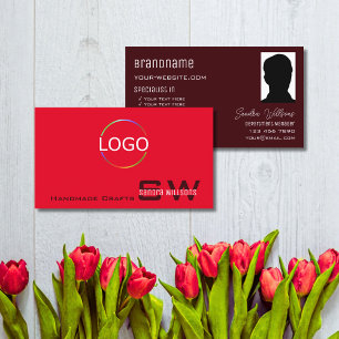 Modernes Red Burgund mit Monogram Logo und Foto Visitenkarte