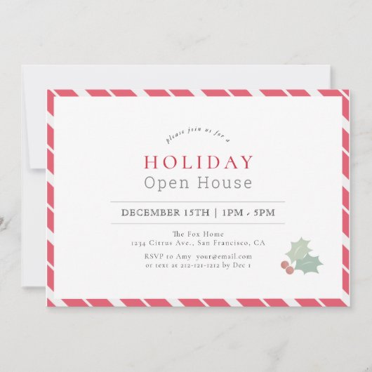 Modernes Red Candy Cane Stripes Holiday Open House Einladung (Vorderseite)