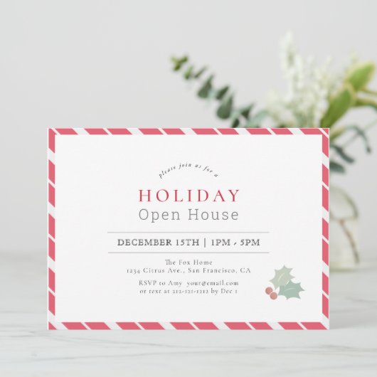 Modernes Red Candy Cane Stripes Holiday Open House Einladung (Stehend Vorderseite)
