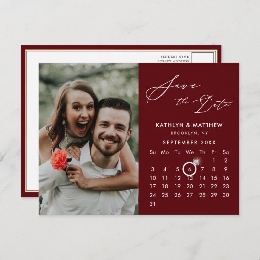 Modernes Red Elegant Script-Foto Save the Date Ankündigungspostkarte (Vorne/Hinten)