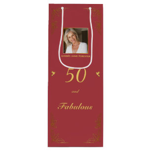 Modernes Red Gold 50 fabelhaftes Birthday Foto Geschenktüte Für Weinflaschen