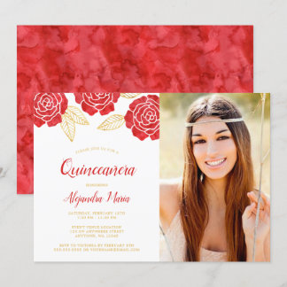 Modernes Red Gold Rosen Quinceanera Foto Einladung