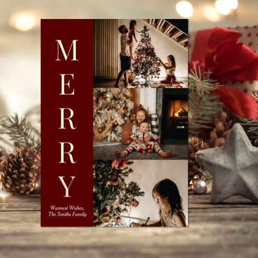 Modernes Red Gold Script Frohe Weihnachten Foto Folien Feiertagskarte