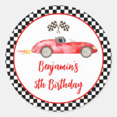 Modernes Red Race Car Birthday Runder Aufkleber (Vorderseite)