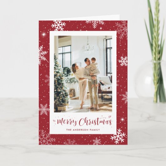 Modernes Red Snowflake Foto Frohe Weihnachten (Vorderseite)