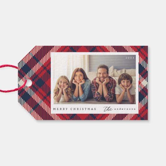 Modernes Red White Blue Kariert Weihnachtsfamilien Geschenkanhänger (Rückseite Horizontal)