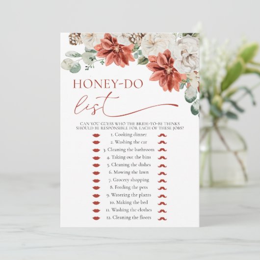 Modernes Red Winter Honey Do List Brautparty Game Einladung (Stehend Vorderseite)