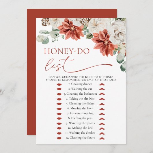 Modernes Red Winter Honey Do List Brautparty Game Einladung (Vorne/Hinten)