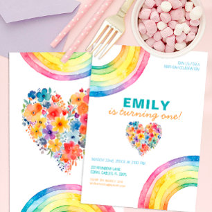 Modernes Regenbogenherz Floral Girl zum Geburtstag Einladung