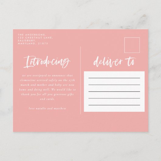 Modernes Regenbogenrosa mädchenhaft zur Geburt von Ankündigungspostkarte (Rückseite)