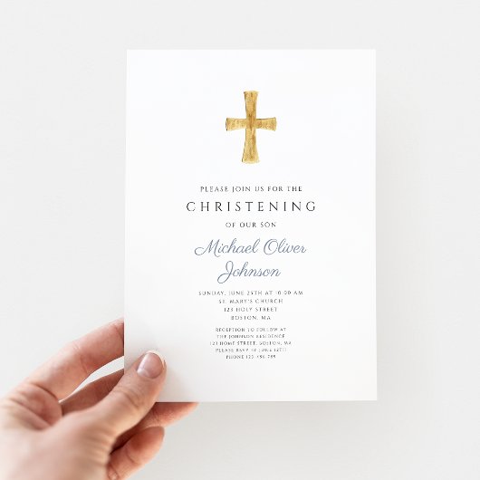 Modernes religiöses Cross Dusty Blue Christening Einladung