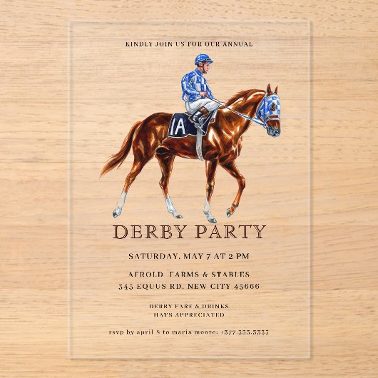 Modernes Rennpferd Derby Party Reitsport Acryleinladungen (Vorderseite)