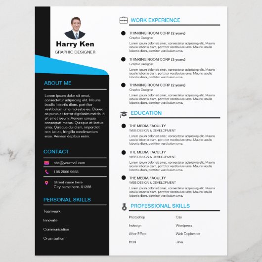 Modernes Resume Template Anpassbares Foto Blue CV (Vorderseite)