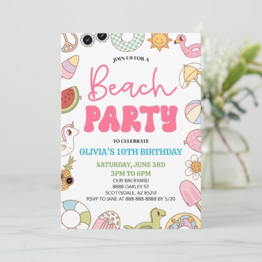 Modernes Retro 70er Jahre Summer Birthday Beach Pa Einladung (Stehend Vorderseite)