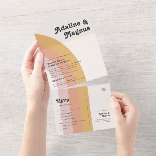 Modernes Retro 70er Rainbow Siegel und Senden All In One Einladung (Abreißen)