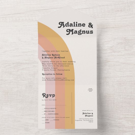 Modernes Retro 70er Rainbow Siegel und Senden All In One Einladung (Innen Boden)