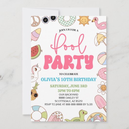 Modernes Retro 70's Summer Birthday Pool Party Einladung (Vorderseite)