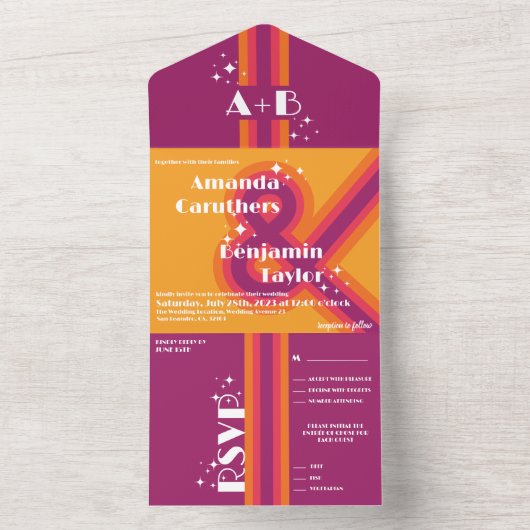 Modernes Retro-Ambiente in einer Hochzeitsfeier All In One Einladung (Innen Boden)