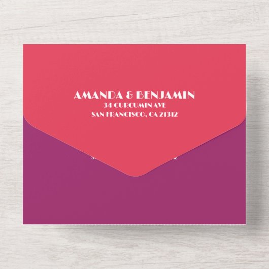 Modernes Retro-Ambiente in einer Hochzeitsfeier All In One Einladung (Rückseite)